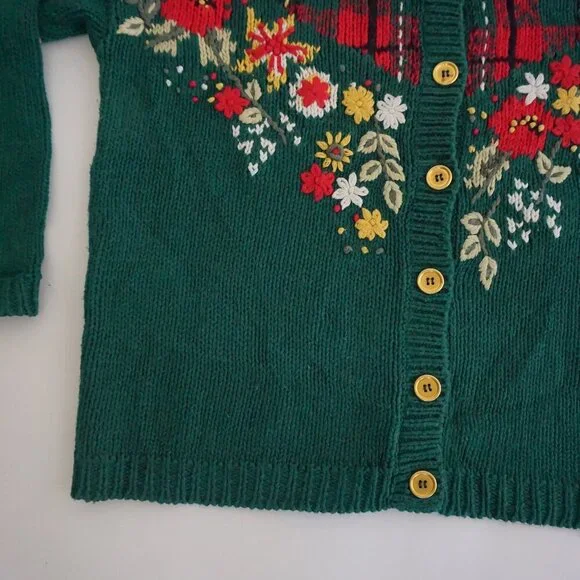 Vintage Pendleton Green Plaid Floral Knit Cotton Preppy Cardigan Grandmacore M - Picture 6 of 10